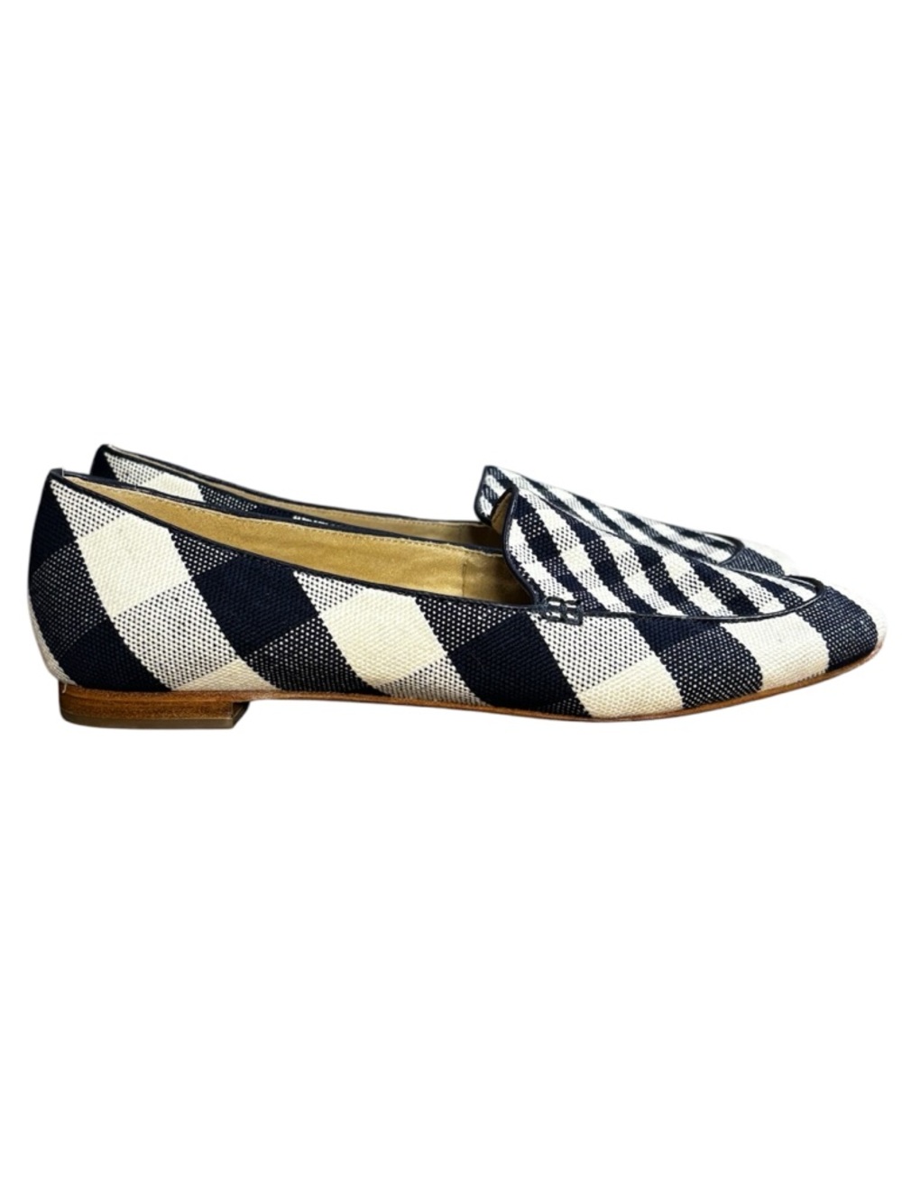 Talbots Ryan loafers in a navy and white gingham canvas pattern. Women’s 8